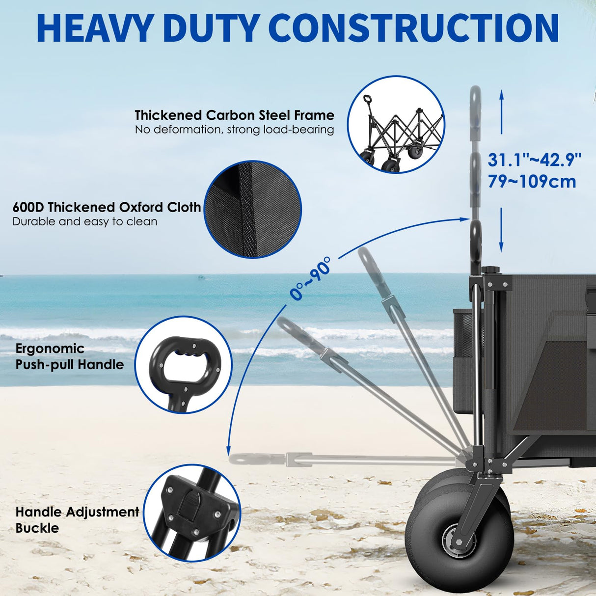 Beach Wagon with Big Wheels for Sand - 450lbs Load Heavy Duty Wagons Carts Foldable with 9" All Terrain Inflatable Tires, Collapsible Beach Cart for Grocery Shopping Garden Sports Camping Outdoor