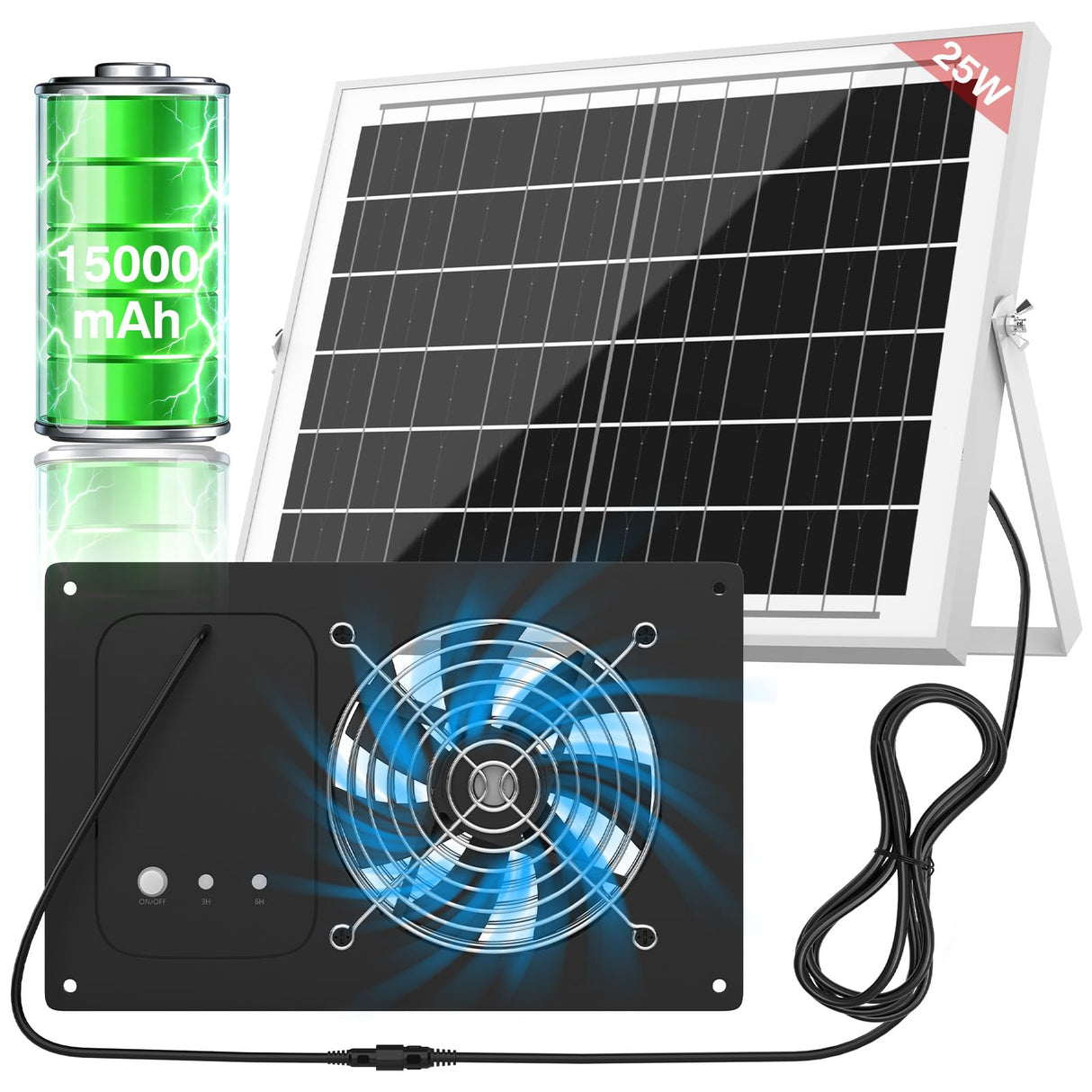 Solar Powered Fan with 15000mAh Battery & Timer, 25W 3500RPM High-Speed Solar Exhaust Fan, Low Noise Waterproof Ventilation for Chicken Coop, Greenhouse, Shed & Pet House