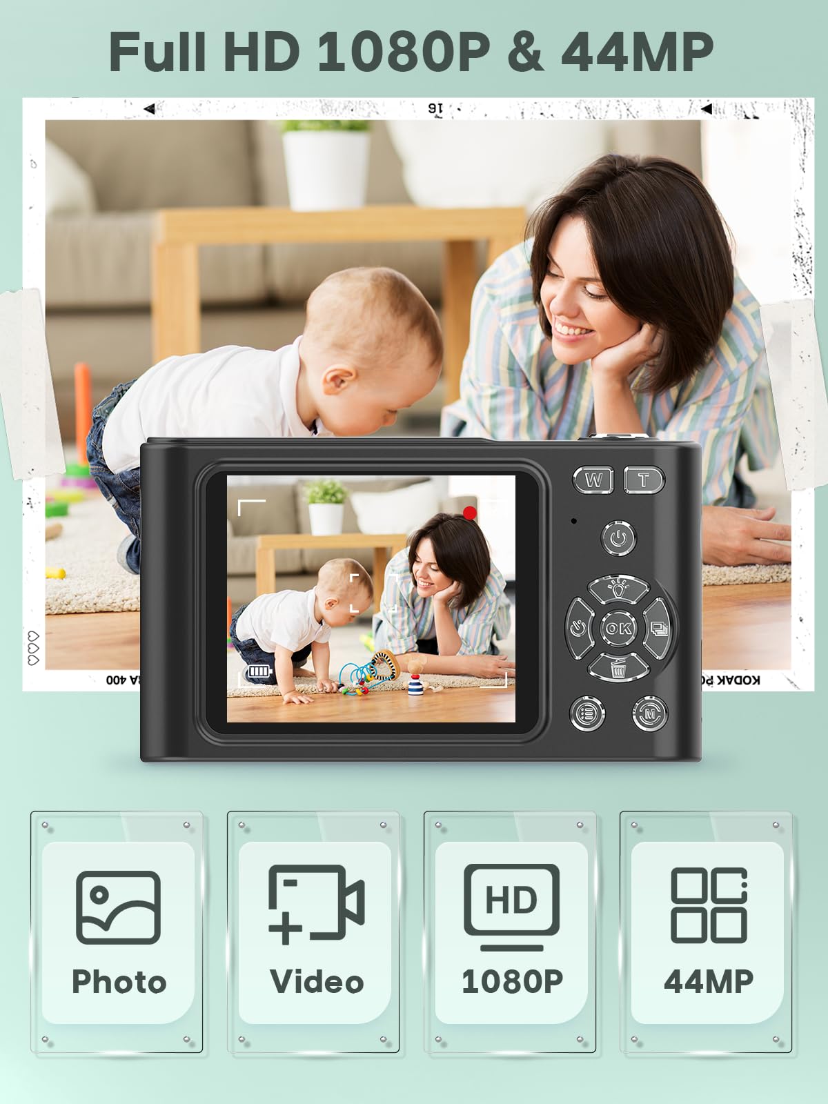 Digital Kids Camera 1080P Vlog Camera with 64GB, Lanyard, 16X Zoom Anti Shake, Card Reader 44MP Compact Portable Point Shoot Digicam for Kid Teen Girl Boy Christmas Halloween Thanksgiving(Black)