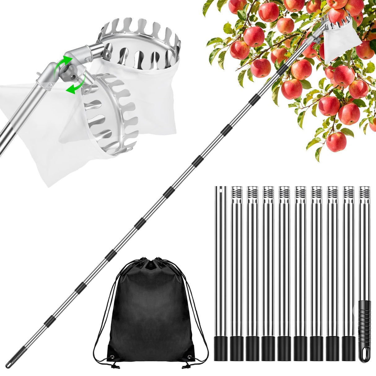 Dreamtop Fruit Picker Pole with Rotatable Basket Telescoping - 13 FT Adjustable Pole with Soft Bag, Lightweight Stainless Steel Fruit Picking Tool for Cherry, Apple, Mango, Orange, Avocado Tree Picker