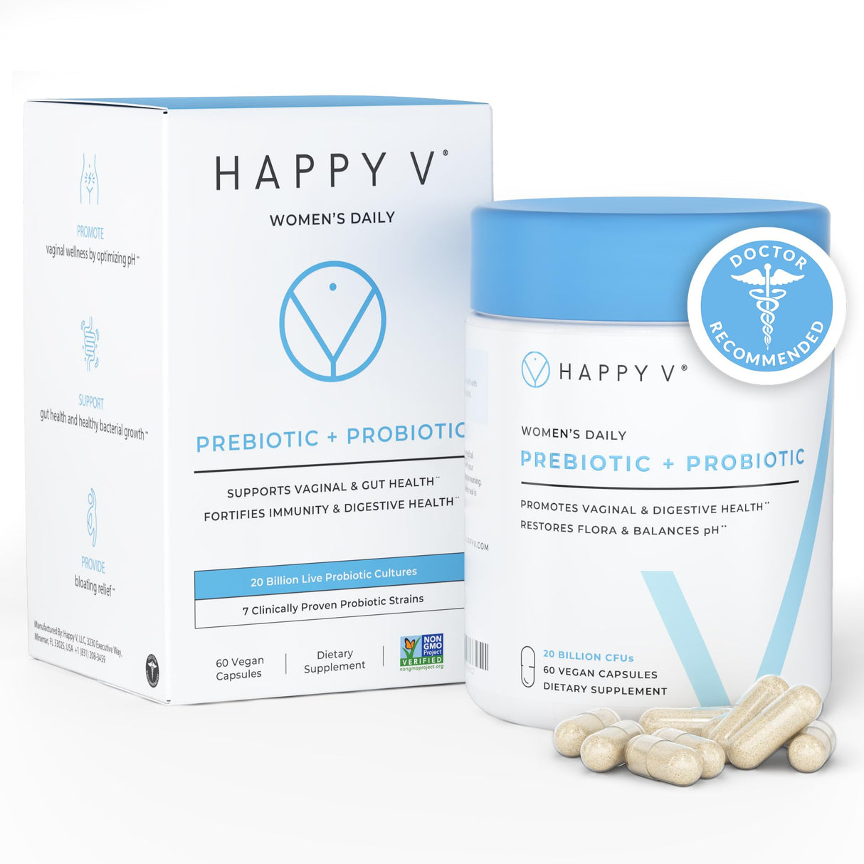 Happy V Dr. Formulated Vaginal Probiotics for Women Odor & Itch Support, Urinary & Gut Health, pH Balance | Womens Daily Probiotic with Patented Prebiotics & Lactobacillus for Feminine Wellness
