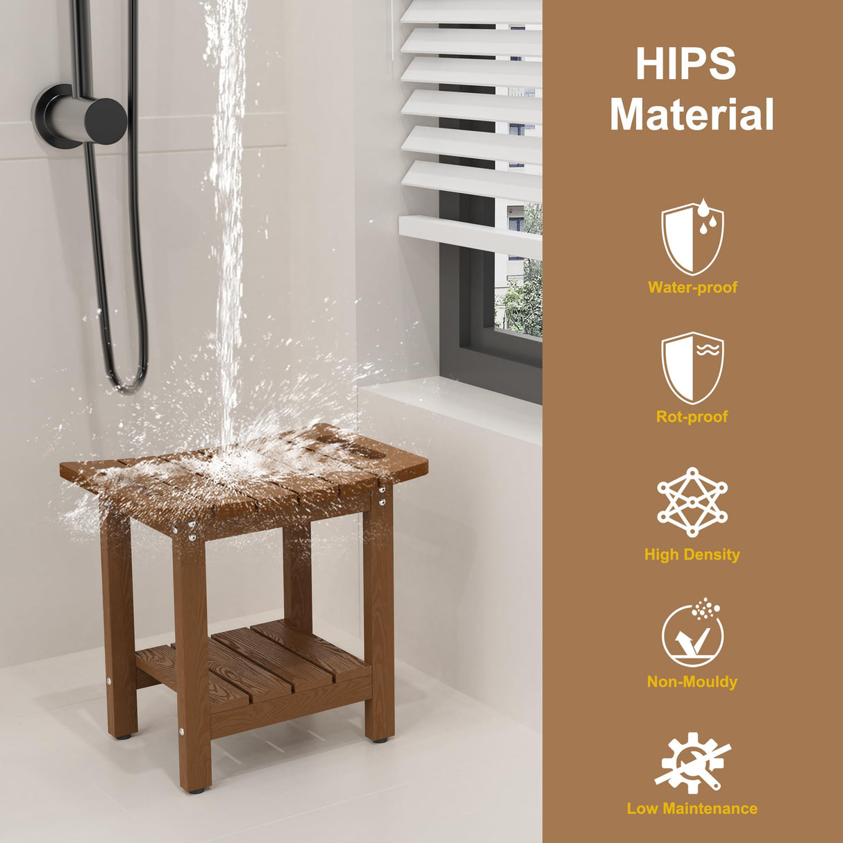 oridom HIPS Shower Benches for Inside Shower, Shower Stool with Space-Efficient Storage Shelf, Waterproof Shower Chair Seat for Spa Bathroom(Brown)