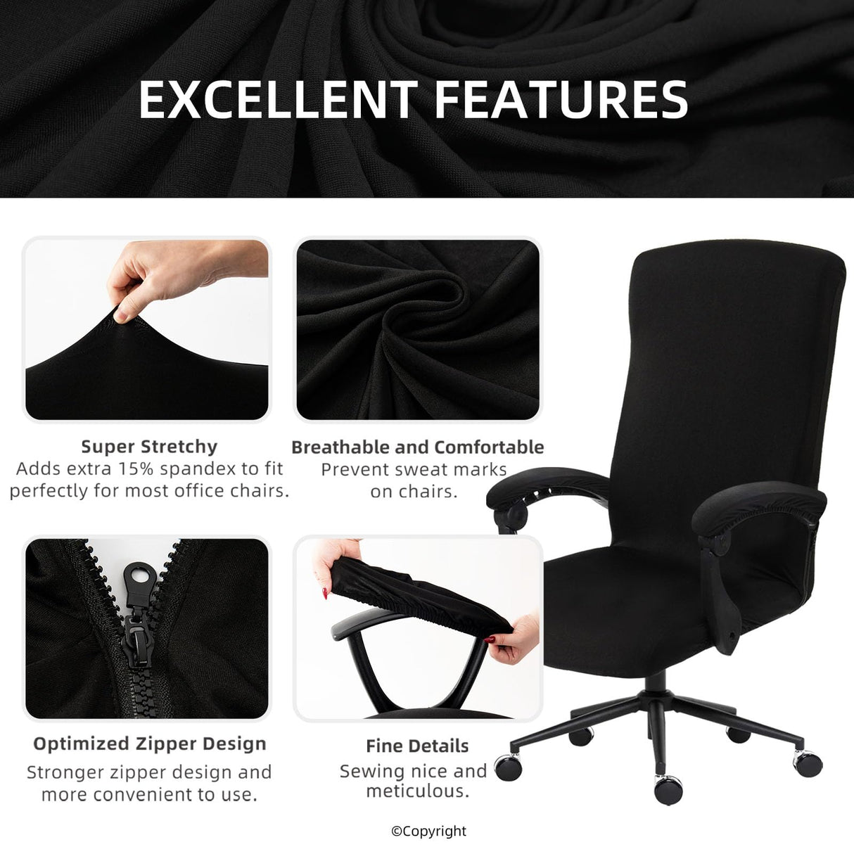Water Resistant Stretch Computer Office Chair Cover with Armrest Covers Durable Zipper Universal Washable Removable Spandex Rotating Boss Chair Slipcovers Anti-dust Soft Desk Chair Seat Protector