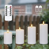 Yeelida Outdoor 4pcs Flameless Waterproof Candles with Handy Remote Control, Cycle Timer Battery Operated Candle Grease Effect LED Flickering Pillar Plastic Long Lasting (White, 3" x4" 5" 6" 7")