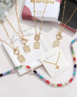MJartoria Layered Initial Necklaces for Women Trendy, 14K Gold Plated Simple Star Choker Square Letter Pendant Necklace, Colorful Beaded Necklace, Gold Necklaces Jewelry Gifts (K, Gold Plated)
