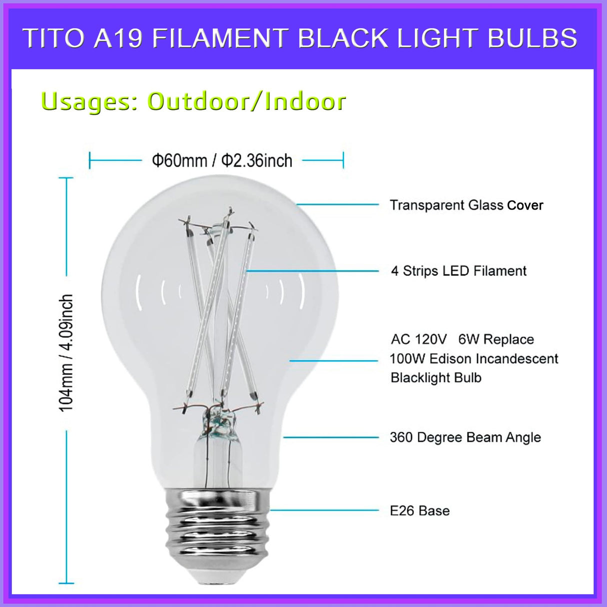 TITO 4 Pack E26 A19 Dimmable Filament LED Black Light Bulbs, UVA 395nm 6W Blacklight Bulb 100W Equivalent, Black Light Bulb Glow in Dark Halloween Christmas Party Fluorescent Posters Decor Display