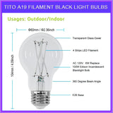 TITO 4 Pack E26 A19 Dimmable Filament LED Black Light Bulbs, UVA 395nm 6W Blacklight Bulb 100W Equivalent, Black Light Bulb Glow in Dark Halloween Christmas Party Fluorescent Posters Decor Display