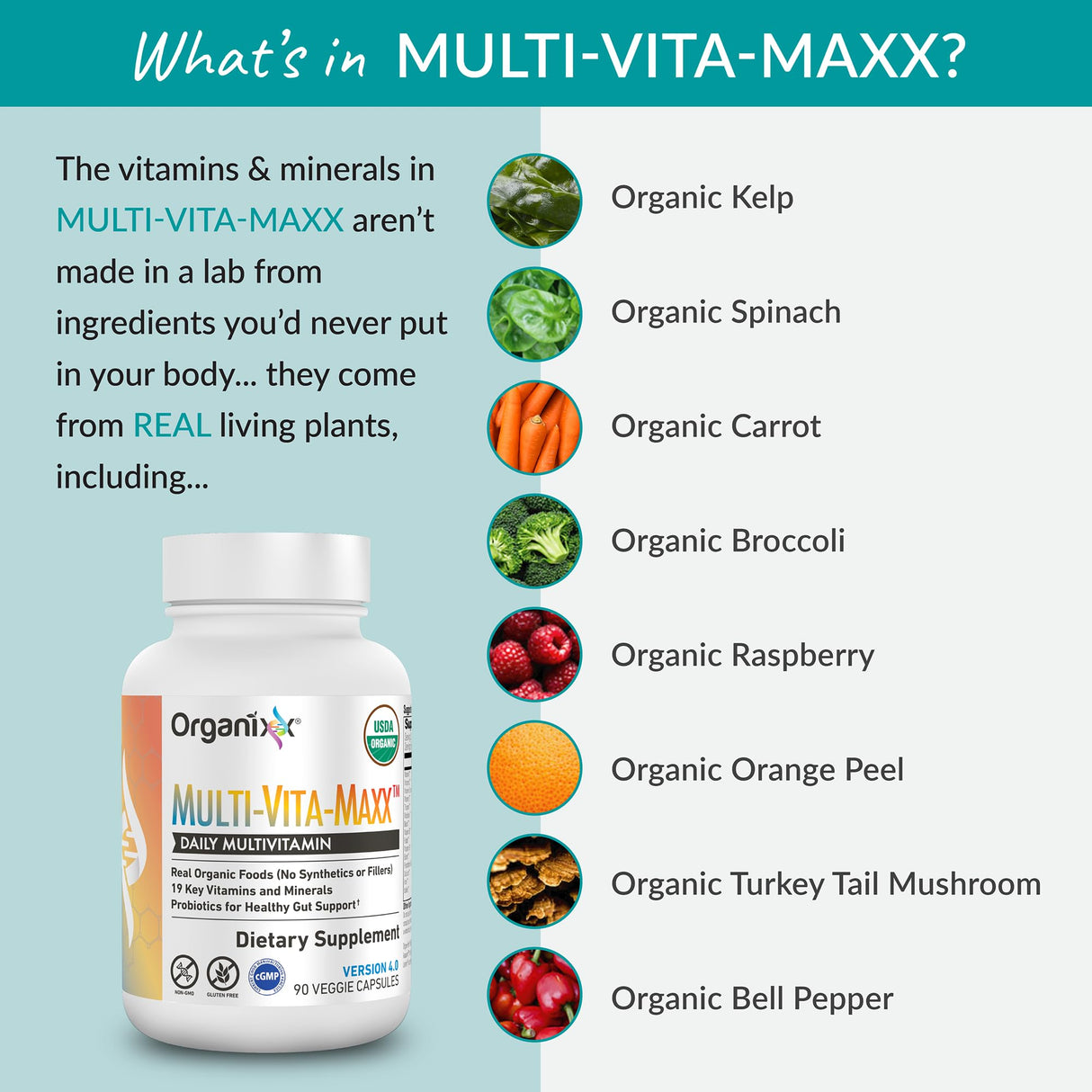 Organixx Vegan Multivitamin for Women & Men, with Vitamin C, D3, Vitamin B Complex, Probiotics, Organic Fruits and Vegetables, Supports Digestive, Gut Health, Immune Support, 90 Gel Capsules