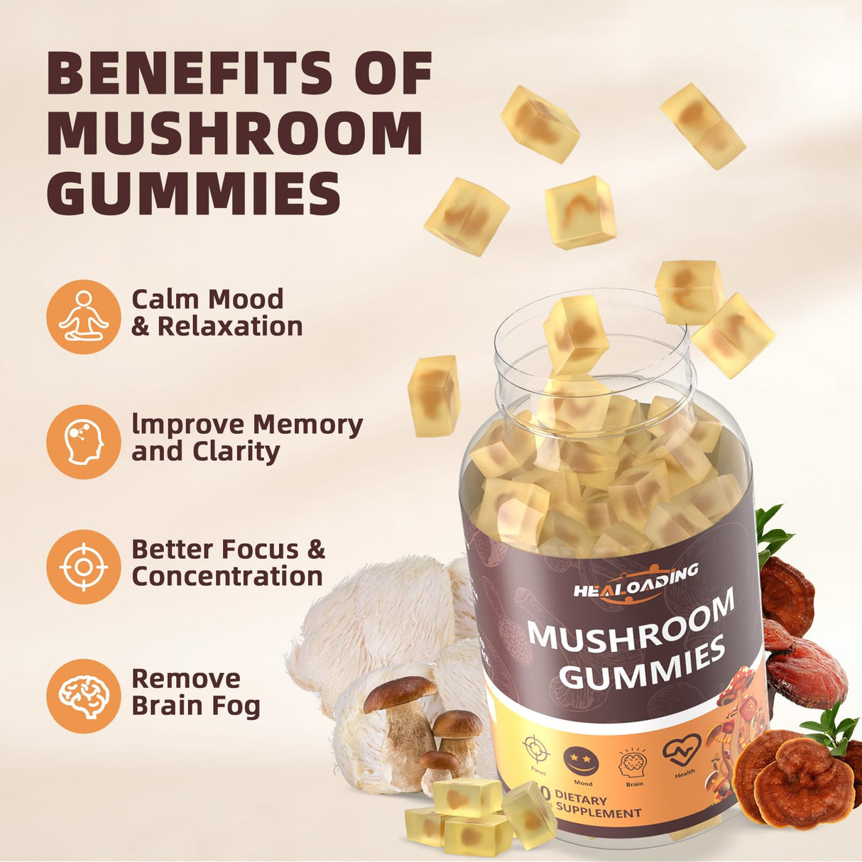 HEALOADING Mushroom Gummies with Lions Mane & Cordyceps | Brain Health, Immune Support & Memory Enhancement | Vegan Supplement with Vitamin D3, B6, B9, B12 | 60 Chewable Gummies