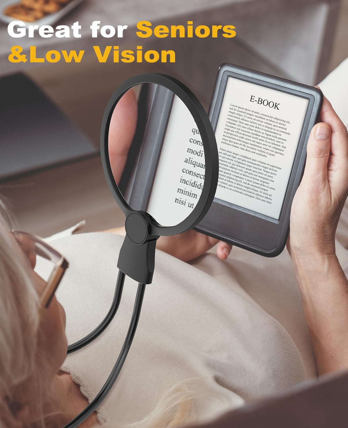 5X Hands Free Magnifying Glass with Light for Close Work,Neck Wear Magnifier for Reading Books,Sewing, Cross Stitch.Low Vision Seniors with Aging Eyes(Black)