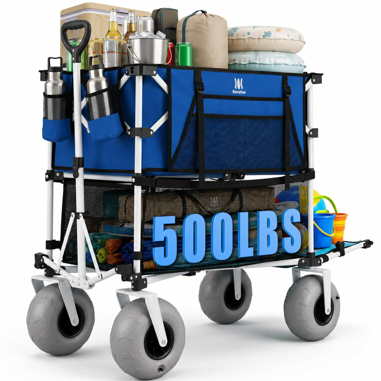 Navatiee 500Lbs Double Decker Wagon, 400L Large Capacity Heavy Duty Beach Cart with 9" Balloon Wheels for Sand, Folding Collapsible Wagon with Side Pocket for Beach, Sport, Camping, Blue