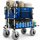Navatiee 500Lbs Double Decker Wagon, 400L Large Capacity Heavy Duty Beach Cart with 9" Balloon Wheels for Sand, Folding Collapsible Wagon with Side Pocket for Beach, Sport, Camping, Blue