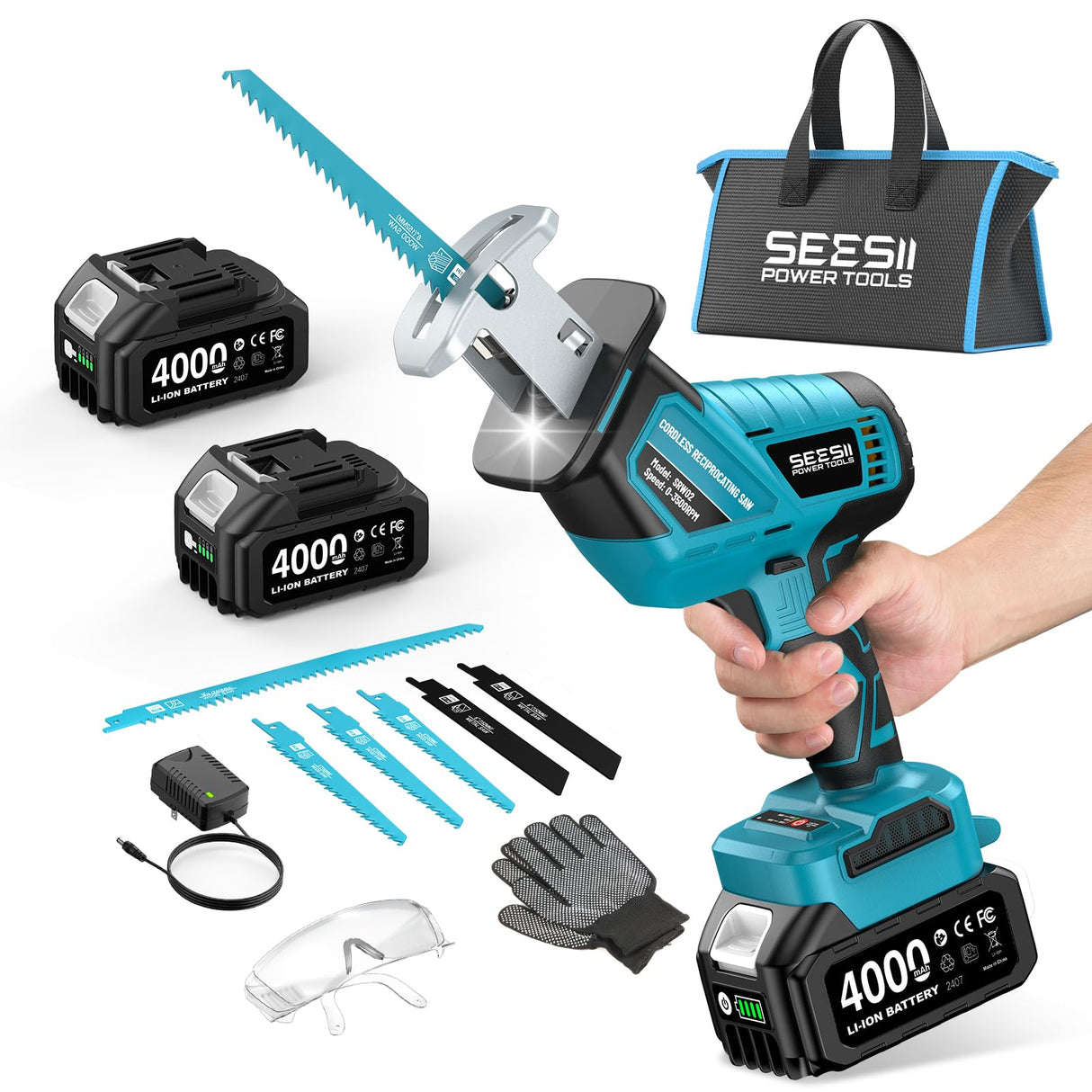 SEESII Reciprocating Saw Cordless, Variable Speed 3500 RPM Brushless Motor with 6 Saw Blades, 2 x 4.0Ah Batteries, LED Light, Tool‑Free Blade Change, Portable for Wood PVC Cutting