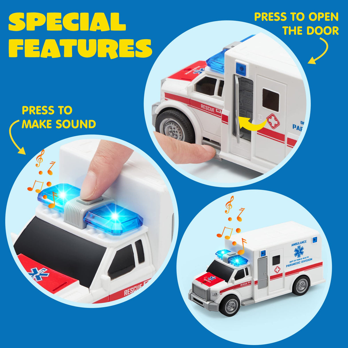JOYIN 4 Packs Emergency Vehicle Toy Playsets, Friction Powered Vehicles with Light and Sound, Including Fire Truck, Ambulance, Play Police Car and Helicopter, Christmas Toddler Kids Boys Gifts