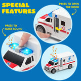 JOYIN 4 Packs Emergency Vehicle Toy Playsets, Friction Powered Vehicles with Light and Sound, Including Fire Truck, Ambulance, Play Police Car and Helicopter, Christmas Toddler Kids Boys Gifts