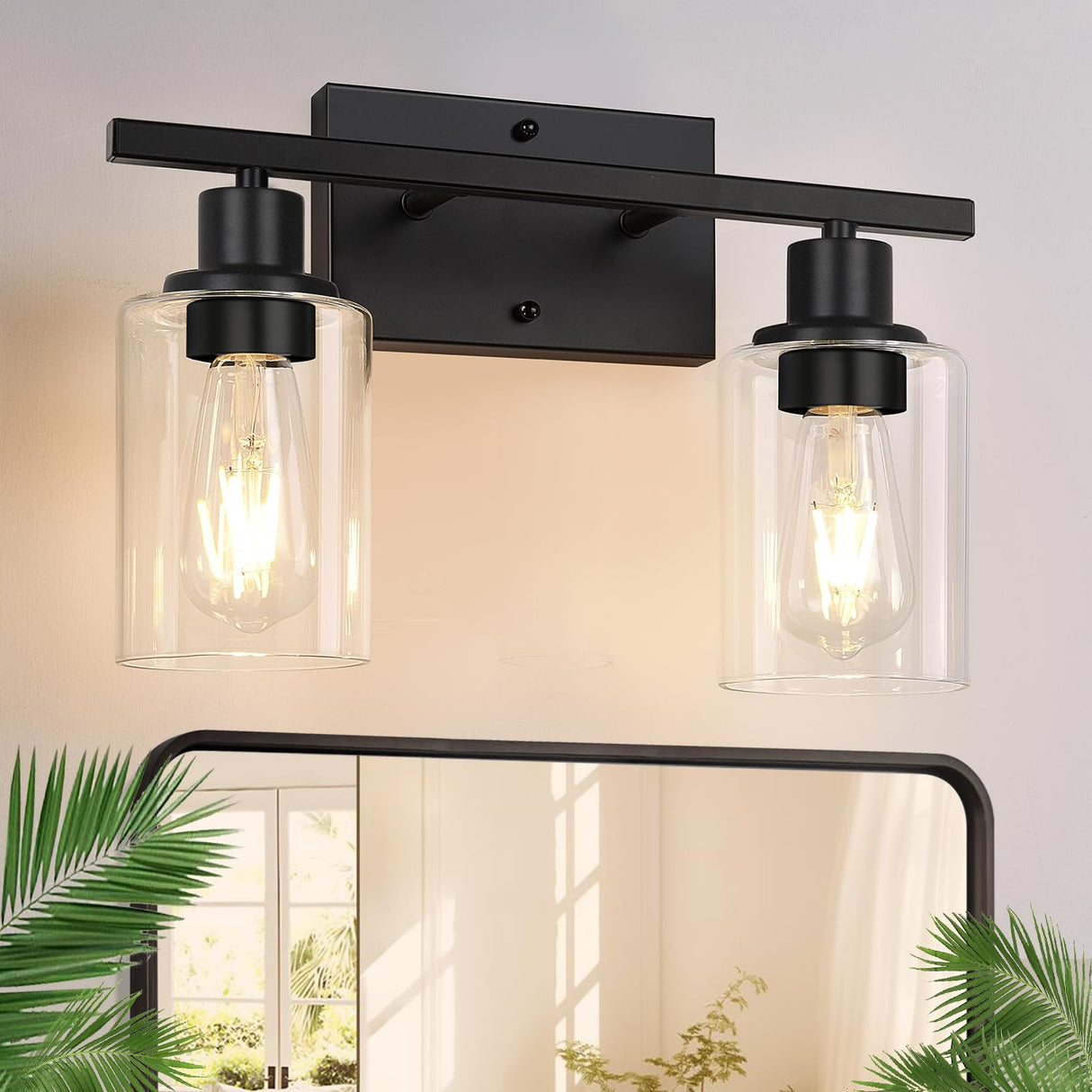 Indoi 4-Light Bathroom Light Fixtures, Matte Black Vanity Light with Water Ripple Clear Glass Shades for Mirror, Living Room, Bedroom, or Porch