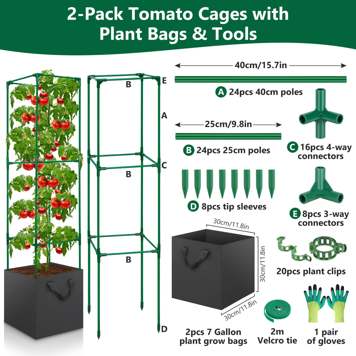 2 Pack Tomato Cages for Garden, 49 Inch Tall Tomato Cage with 7 Gallon Planter Bags, Plant Support Trellis Frames for Garden Cucumber Vegetables Plants Climbing Outdoor Indoor