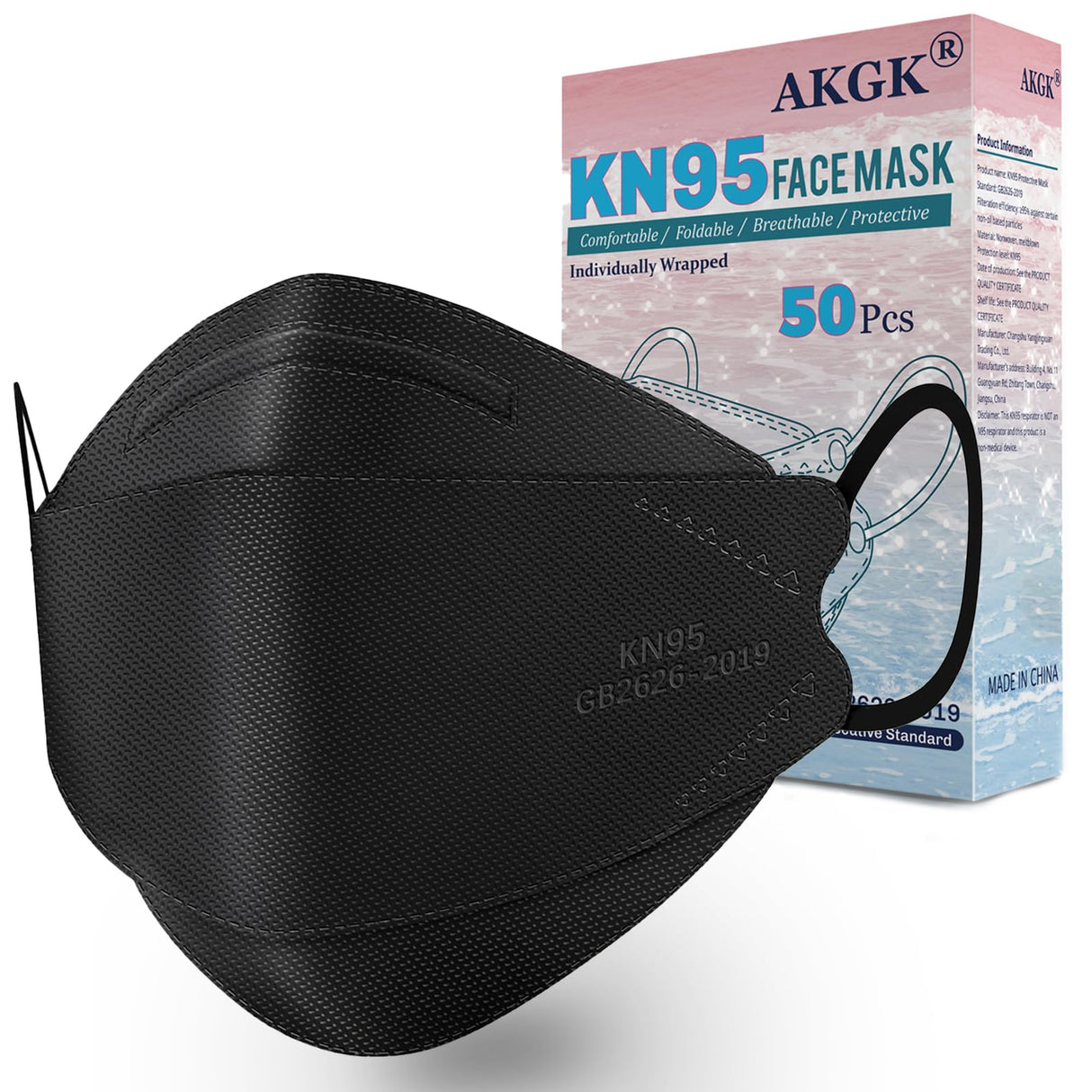 akgk KN95 Face Masks 50 Pack for Adults, 5-Ply Black Disposable Face Mask Against PM 2.5 Smoke and Dust