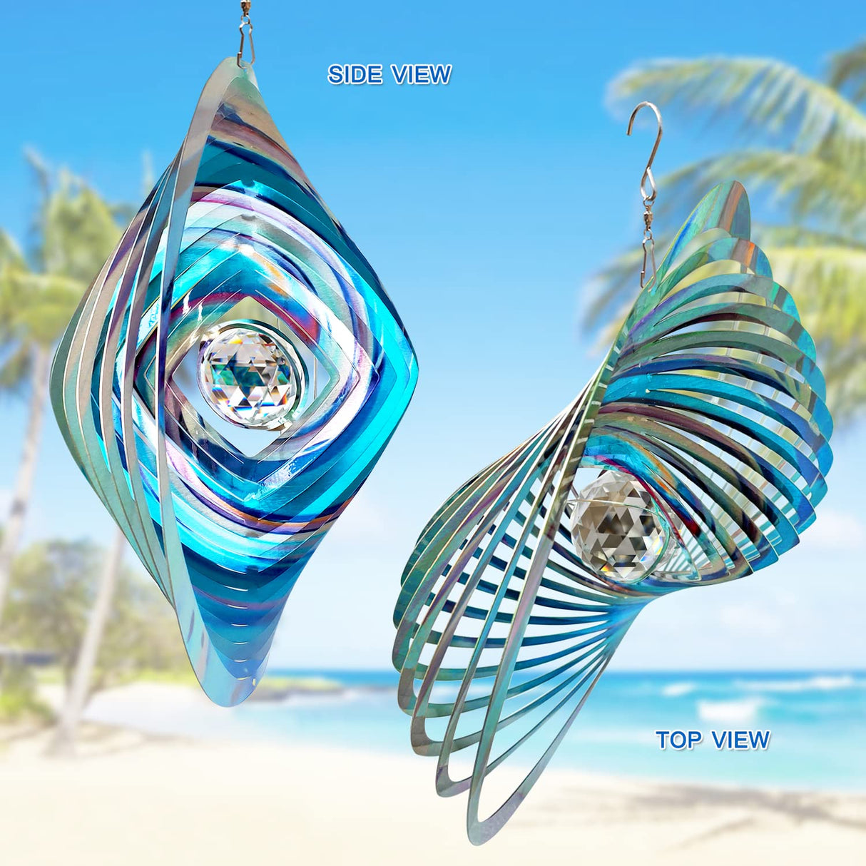 FONMY Mandala Wind Spinner w/Crystal Ball 3D Stainless Steel Hanging Wind Spinner Worth Gift Christmas Decoration Indoor/Outdoor Garden Décor Kinetic Yard Art 12 Inches Multi Blue Wind Sculpture