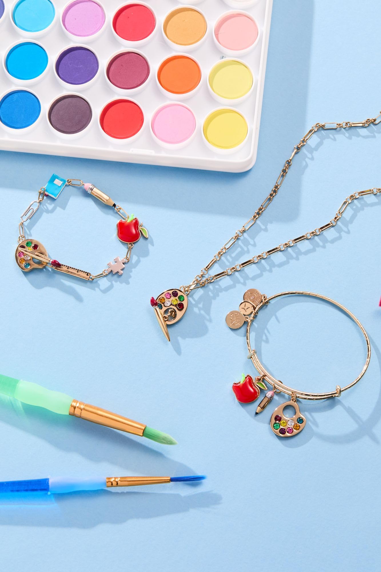 Alex and Ani Teacher’s Multi Charm Textured Bangle - School-Inspired Charms: Paint Palette, Pencil, Red Apple, Gold Finish, Cute Bracelets for Women, Easy Stack
