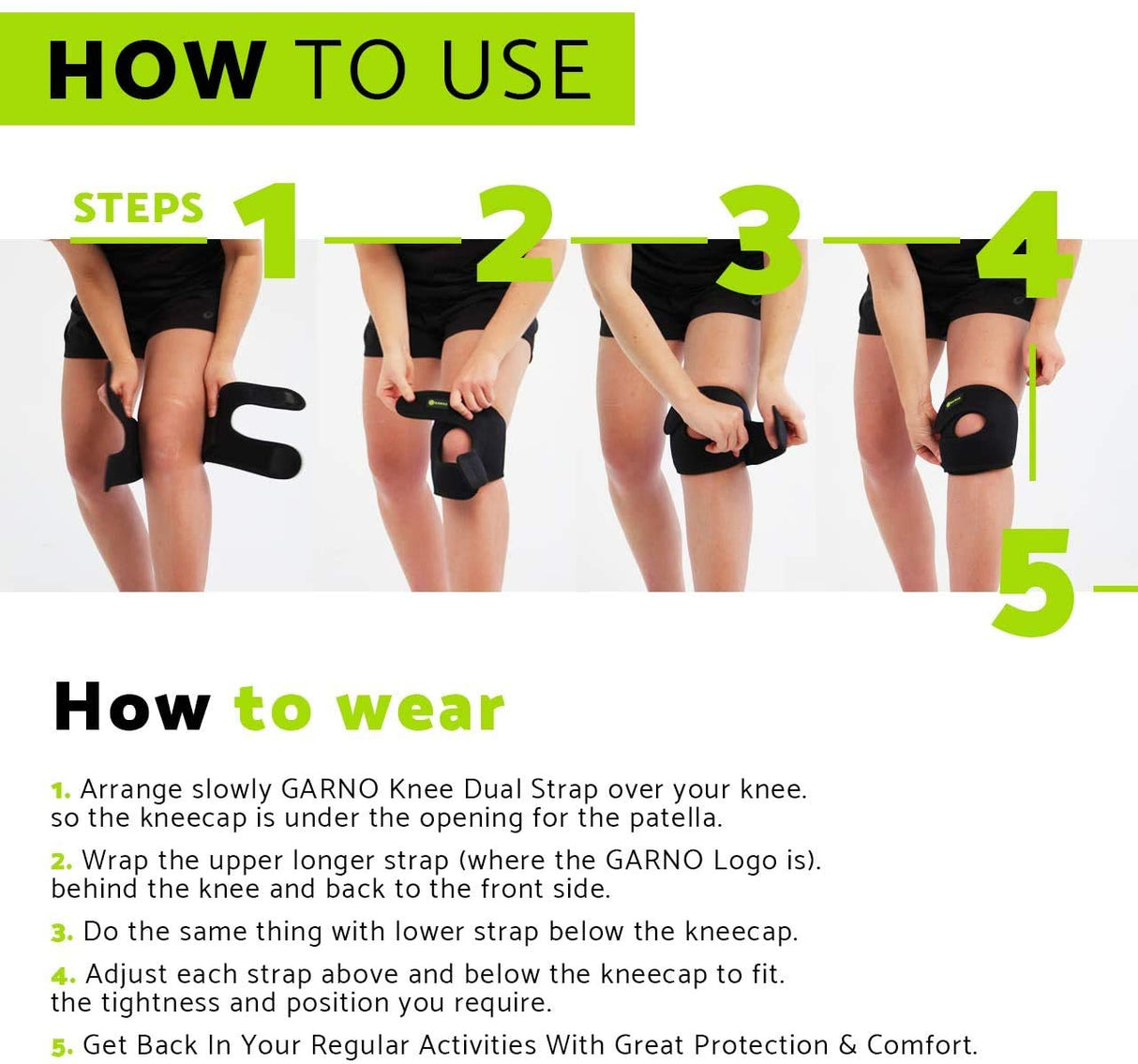 GARNO Knee Brace for Pain Relief by Meniscus Tear, MCL, Arthritis, ACL, Osgood Schlatter, Compression Patellar Tendon Support Strap for Working Out, Running, Weightlifting; Men, Women; (Large Size)