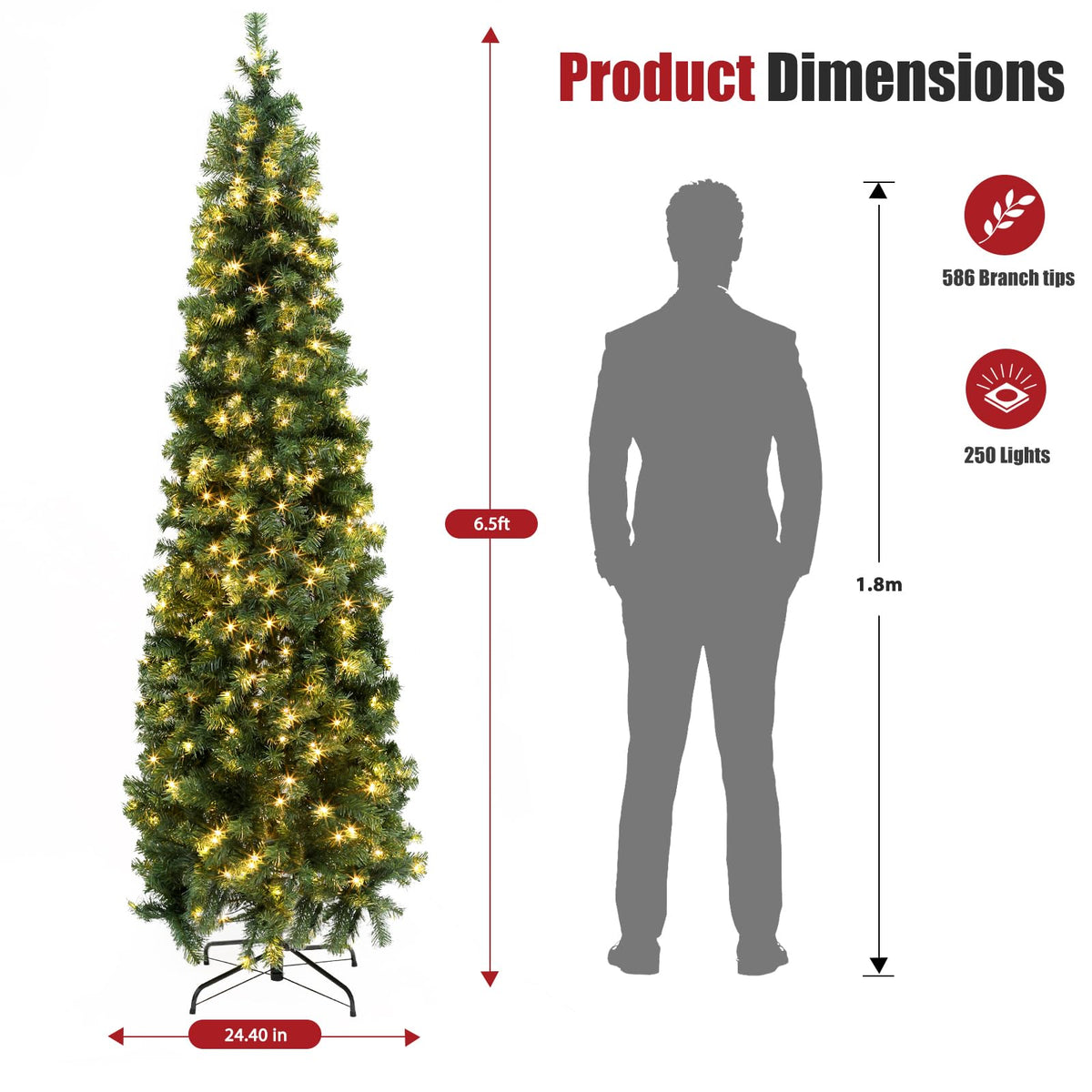 Okicoler Pre-Lit Pencil Artificial Holiday Slim Christmas Tree with Warm Lights and Metal Base Stand for Home, Office, Party Decoration,Green (6.5ft)
