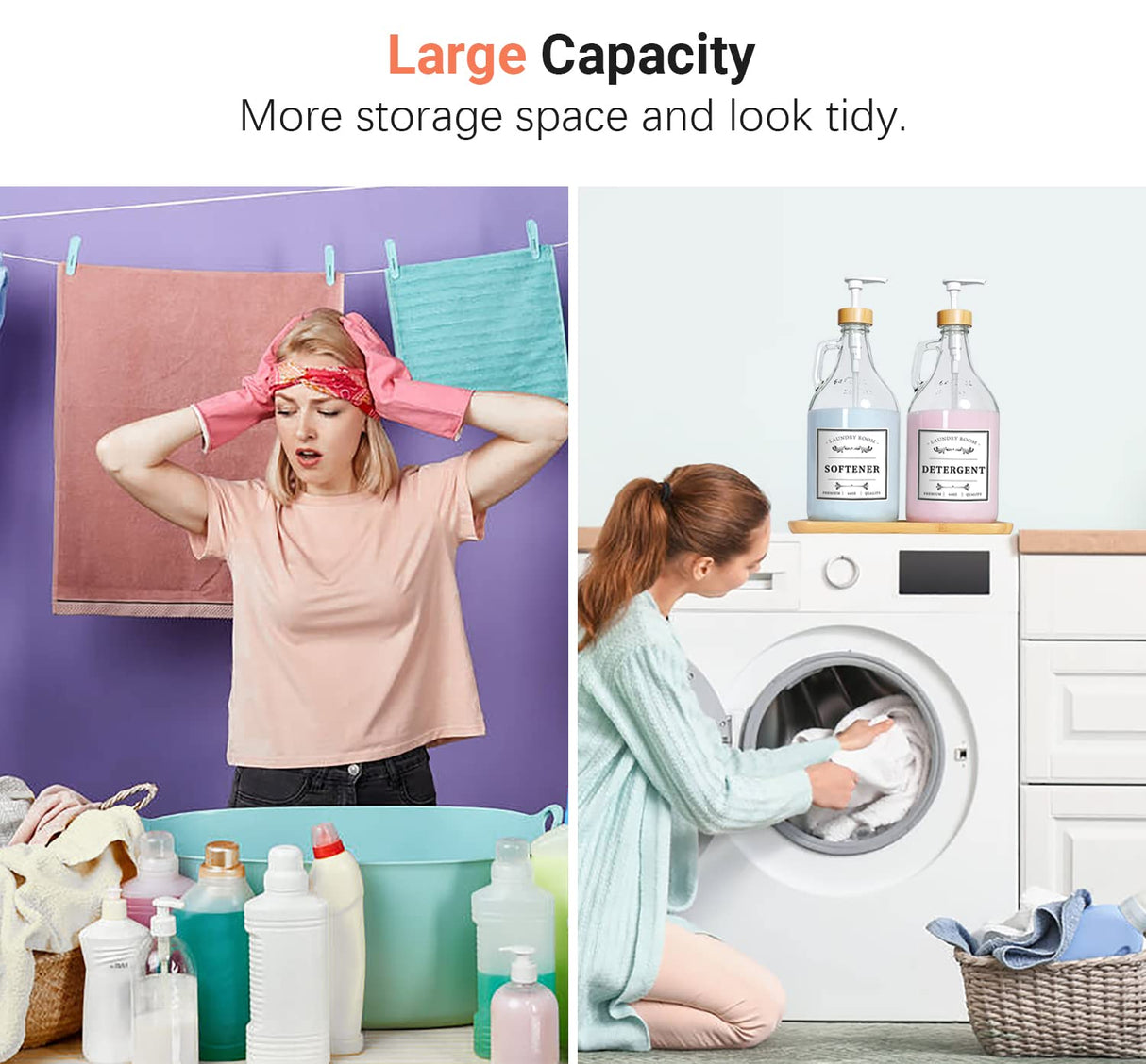 2 Pcs Glass Laundry Detergent Dispenser Bottle, Liquid Laundry Soap Dispenser for Laundry Room, 64oz Detergent Bleach Softener Dispenser for Farmhouse Decor, Includes Bamboo Pumps Tray Funnel Labels