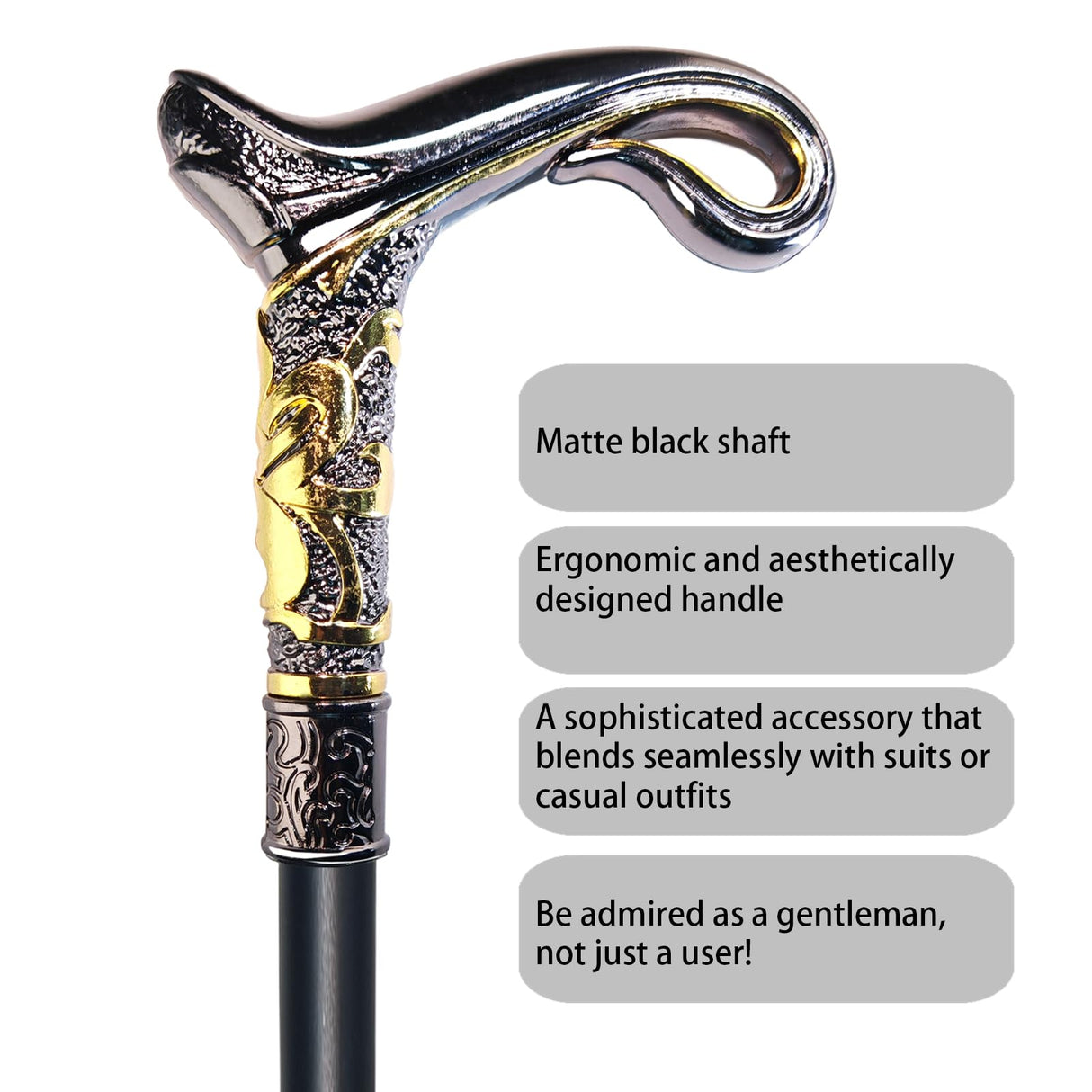 YIVIYAR Walking Cane for Men & Women & Seniors - 36.5 Inch Heavy Duty 500+ lbs Capacity, Ergonomic Handle, Decorative & Ornate Design, Gothic & Goth Elegant Matte Black & Gold Artistry, Metal Cane