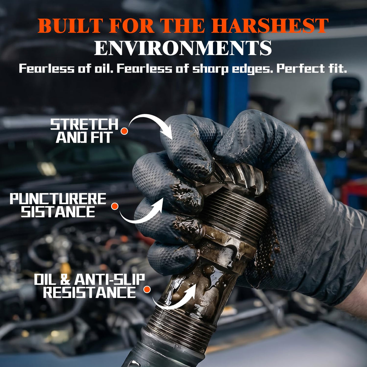 ANBOSON 10mil Heavy Duty Nitrile Gloves Large Black Disposable Rubber Gloves with Diamond Grip Anti Chemical Puncture Resistant Mechanics Guantes for Men/Auto repair/Cooking/Food Grade-Latex Free-100
