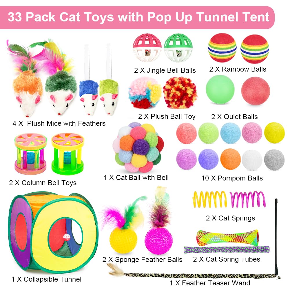 Retro Shaw 33Pcs Cat Toys Pack for Indoor Cats Kitten, with Cube Tunnel
