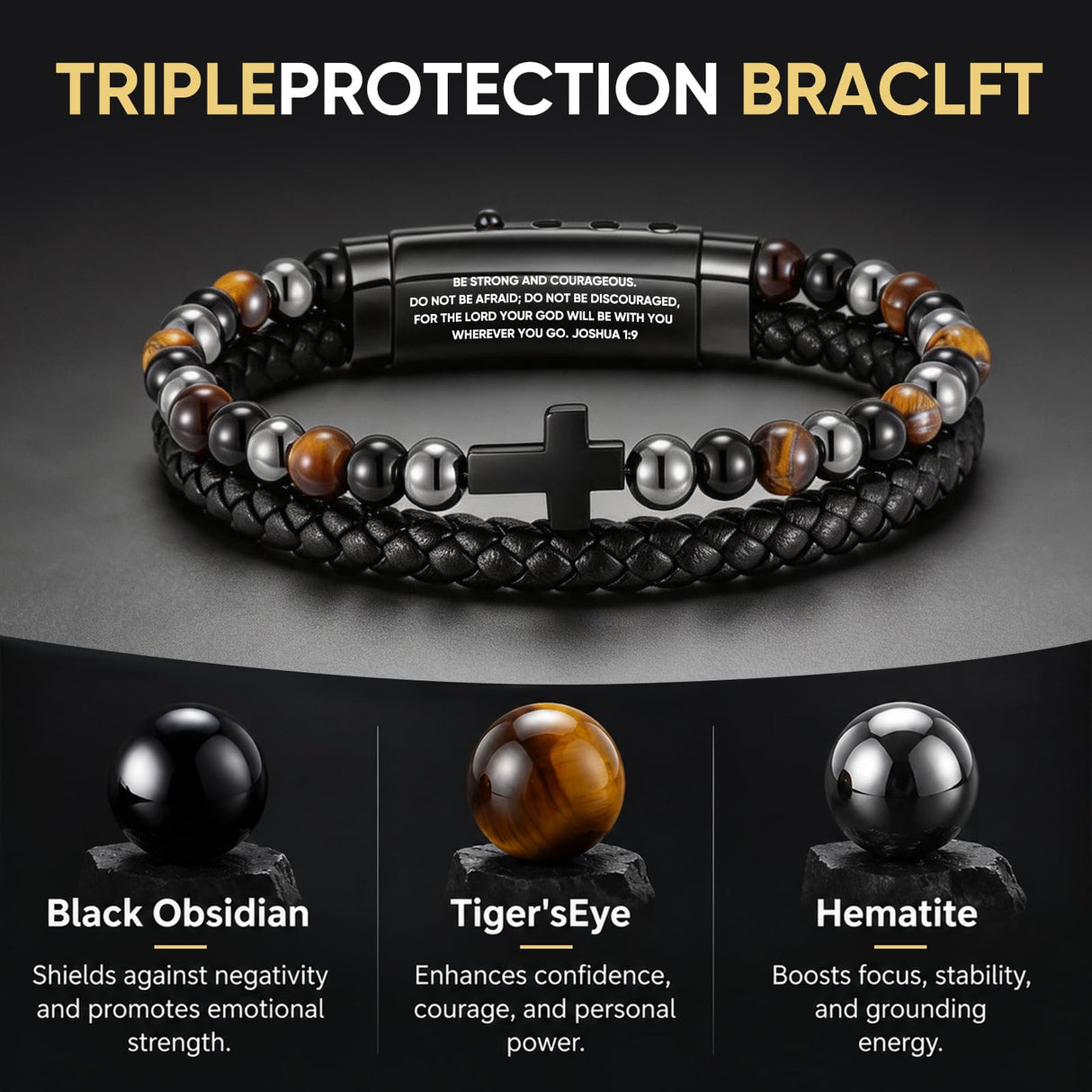 VNOX Hematite Obsidian Tiger Eye Bead Leather Men Bracelet,JOSHUA 1 9
