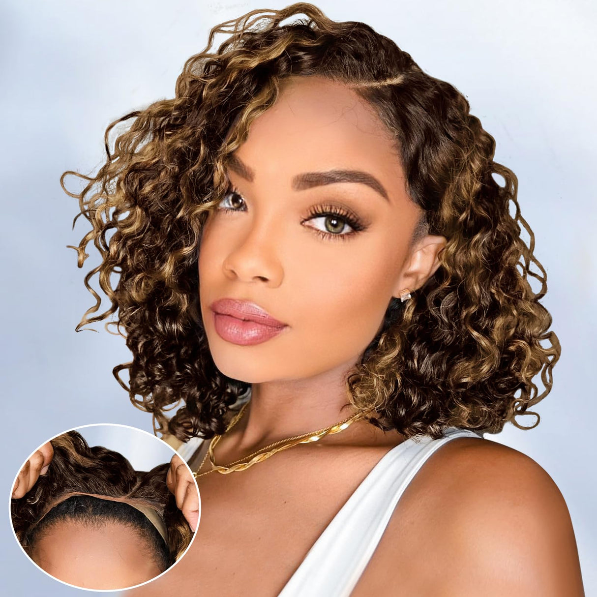 Eyefanniy Glueless Wigs Human Hair pre plucked Pre Cut Blonde Highlights Short Curly Bob Lace Front Wigs for Black Women 4x4 Lace Closure Wig with Elastic Band for Beginners 10 Inch
