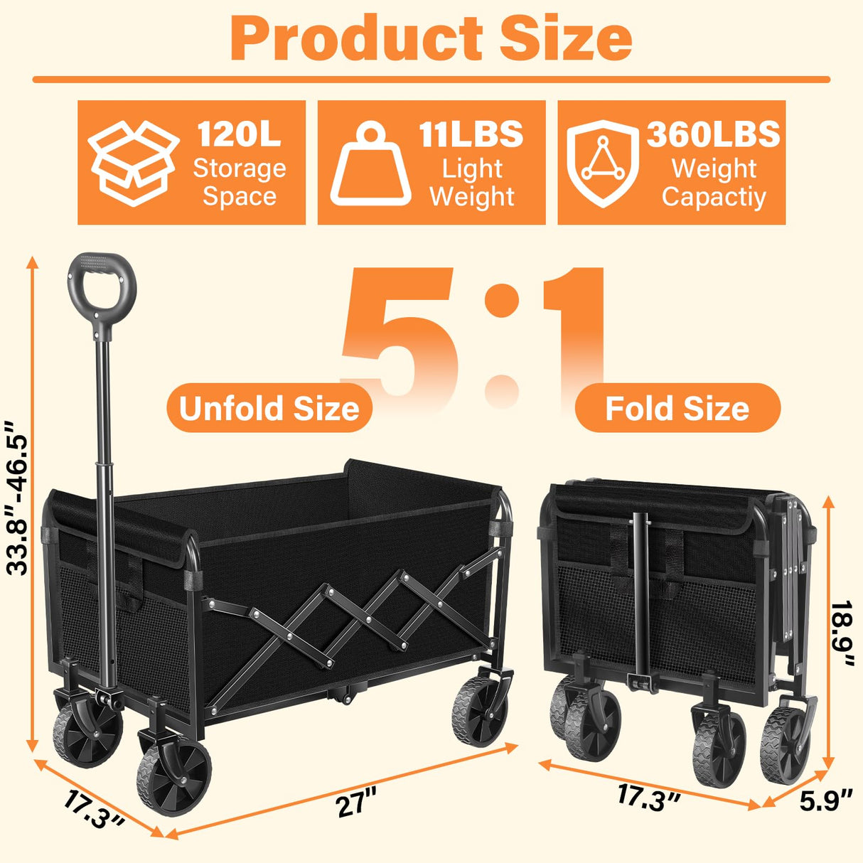 Wagons Carts Foldable,360lbs Collapsible Wagon with Wheels, Foldable Wagon