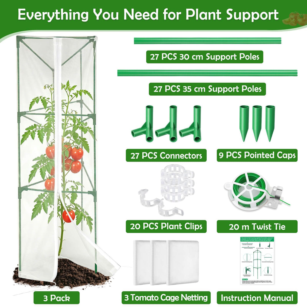Tetutor 3 Pack Tomato Cages for Garden with Tomato Netting
