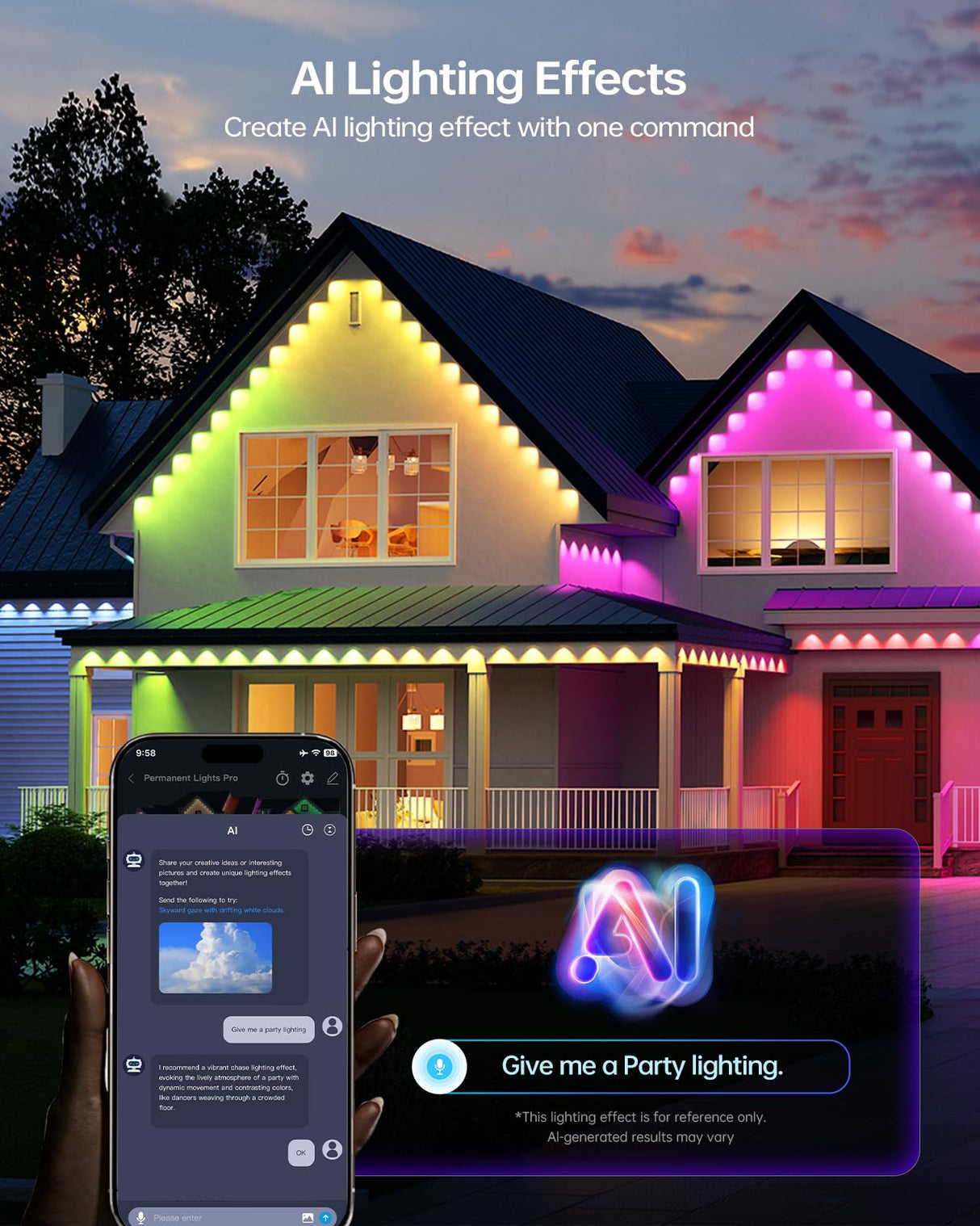 ASAHOM AI Permanent Outdoor Lights S107B, 100FT with 72 RGBCW LED Lights and Dual Output, 30,000 Lighting Effect Combination, IP67 Waterproof for House Halloween Christmas and Daily Decoration, White