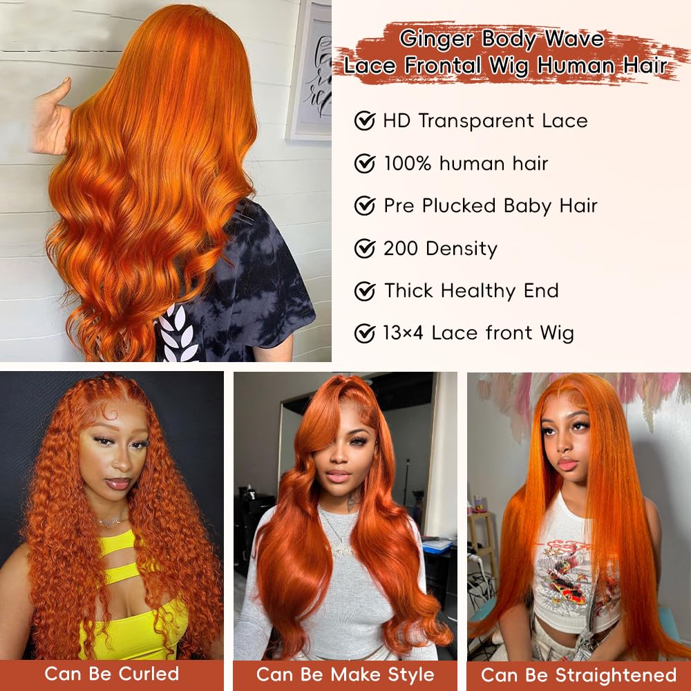28 Inch Ginger Lace Front Wigs Human Hair Pre Plucked 12A HD Ginger Wig Human Hair 200 Density Ginger Orange Human Hair Wig 13X4 Frontal 88J Body Wave Glueless Wigs