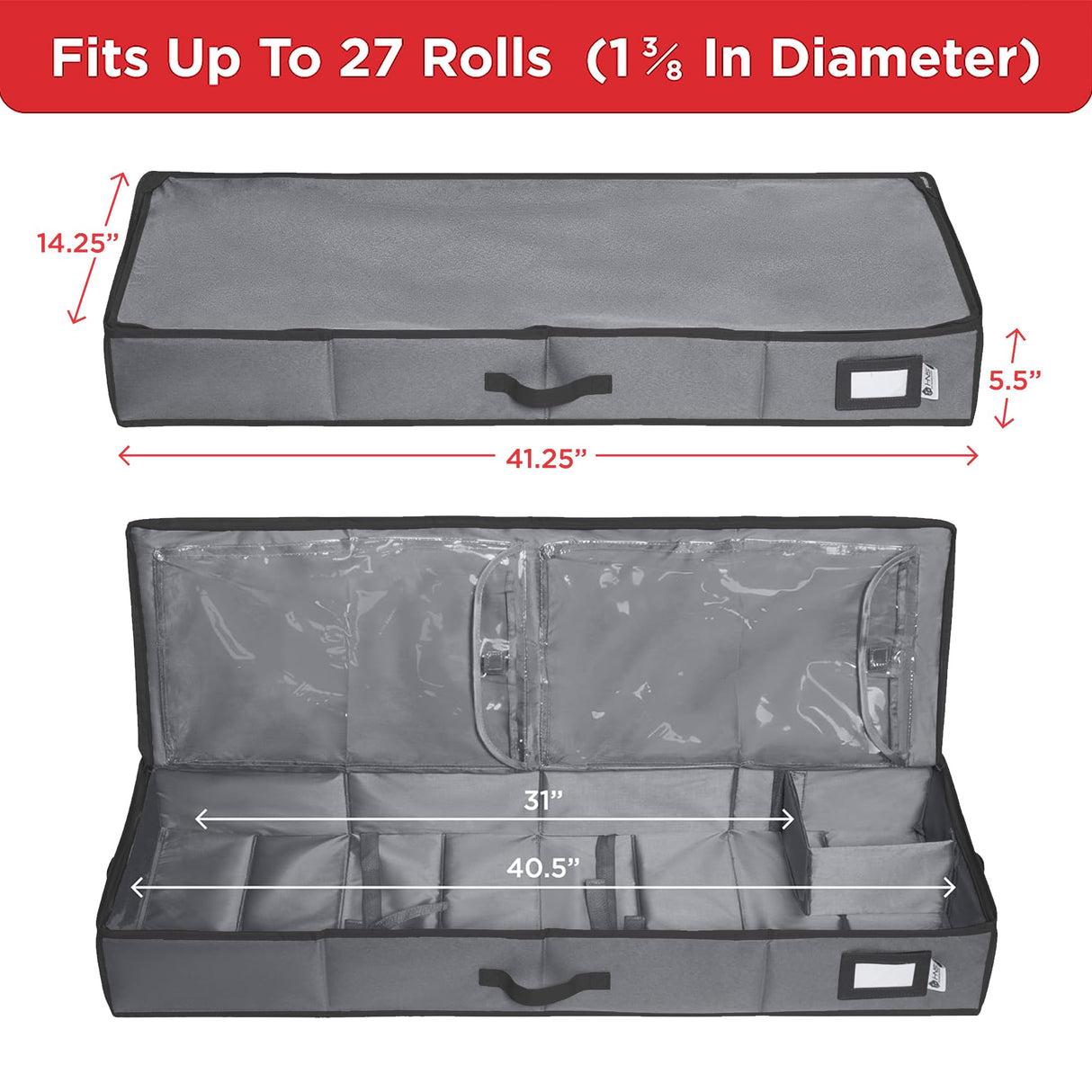 Premium Wrapping Paper Storage Container -Durable Material 600D tear-proof - Fits up to 27 Paper Rolls -Extra Pockets for Ribbons & Bows. Underbed Gift Wrap Organizer, Ideal for Holiday Christmas, etc