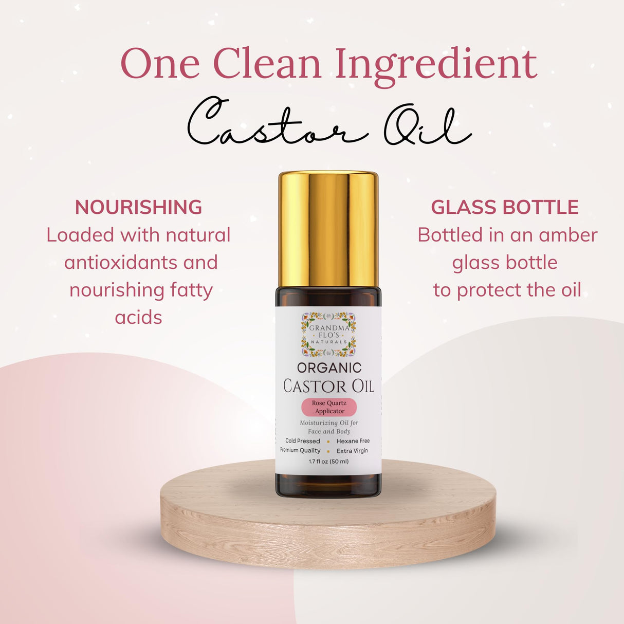 Grandma Flo's Naturals Organic Castor Oil with Rose Quartz Roll On For Face and Body - Glass Bottle, Cold Pressed, Hexane Free, Unrefined - Stimulate Hair Growth, Moisturize Skin (50ml)