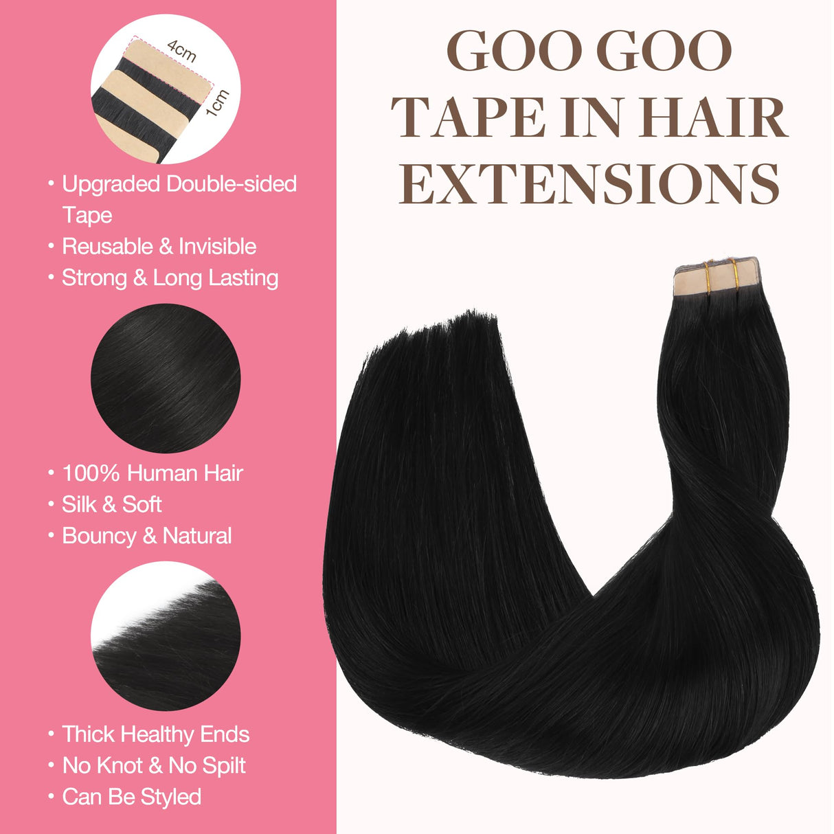 GOO GOO Tape in Hair Extensions Human Hair, 1 Jet black, 20inch 50g 20pcs, Thick Ends Straight Seamless Tape in, Invisible Tape in Hair Extensions Human Hair