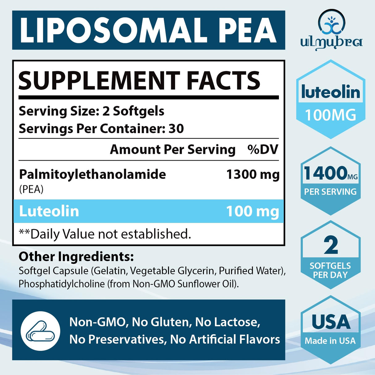 Ulmubra Liposomal Palmitoylethanolamide 1300 MG Plus Luteolin 100 MG, Superior Absorption, Micronized Pea Supplement for Discomfort Management, 60 Softgels