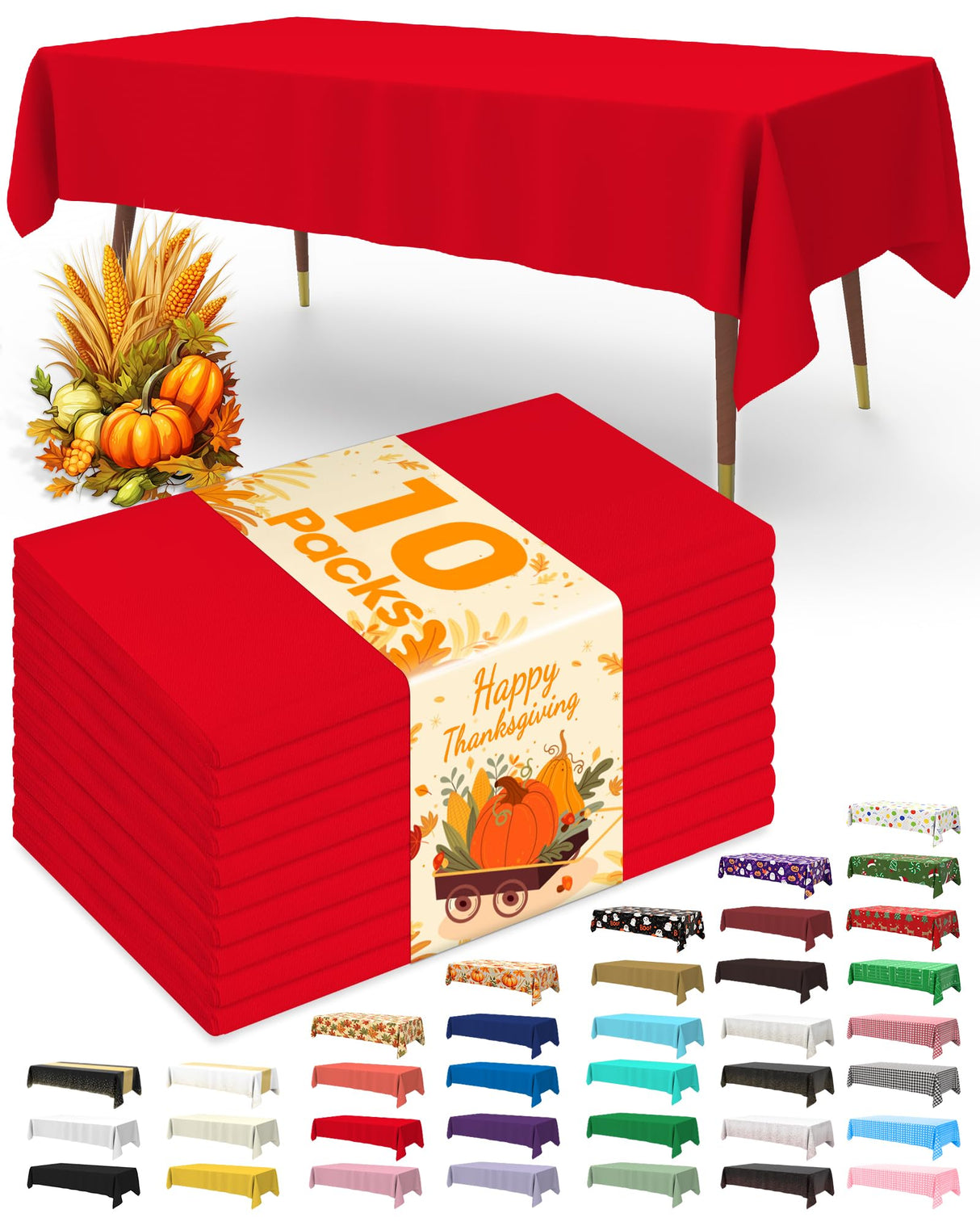 Pureegg Plastic Table Cloth Disposable 10 Pack, 54 x 108 Inch Table Cloths, Valentines Day, Thanksgiving, Christmas Decorations, Fall Tablecloths, Rectangle, Plastic Cover, Leakproof & Sturdy, Red