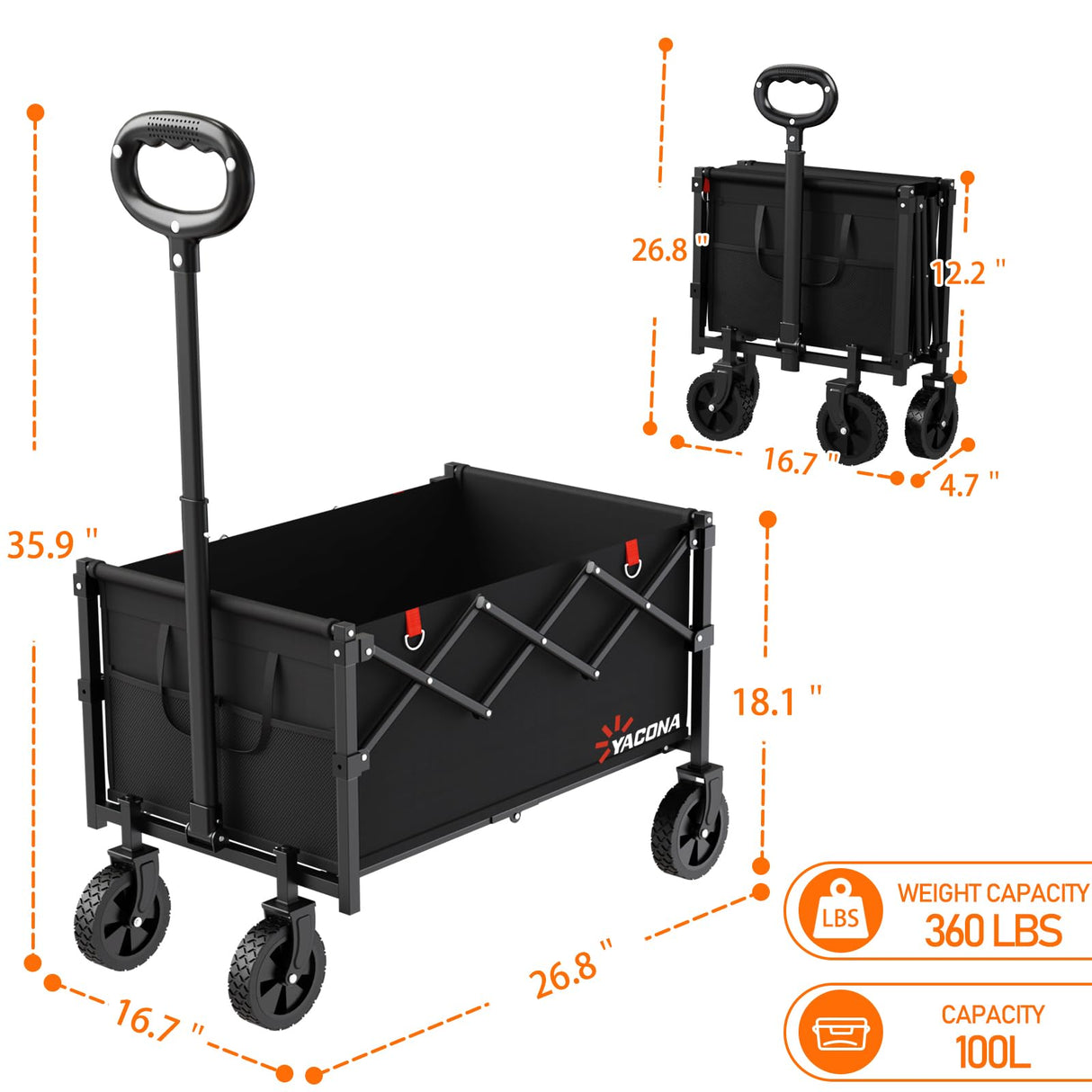 Yozoia Wagons Carts Foldable, Lightweight Portable Utility Shopping Cart with Wheels, Folding Grocery Wagon Cart for Grocery, Camping, Shopping, Beach, Garden, Sports Black