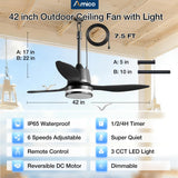 Amico 42 Inch Outdoor Ceiling Fans with Lights for Patios, IP65 Waterproof Gazebo Fan Remote Control, 3000-6000K, 6 Speeds, Hook Hanging Plug in Ceiling Fan for Patio Porch Pergola Garage Canopy