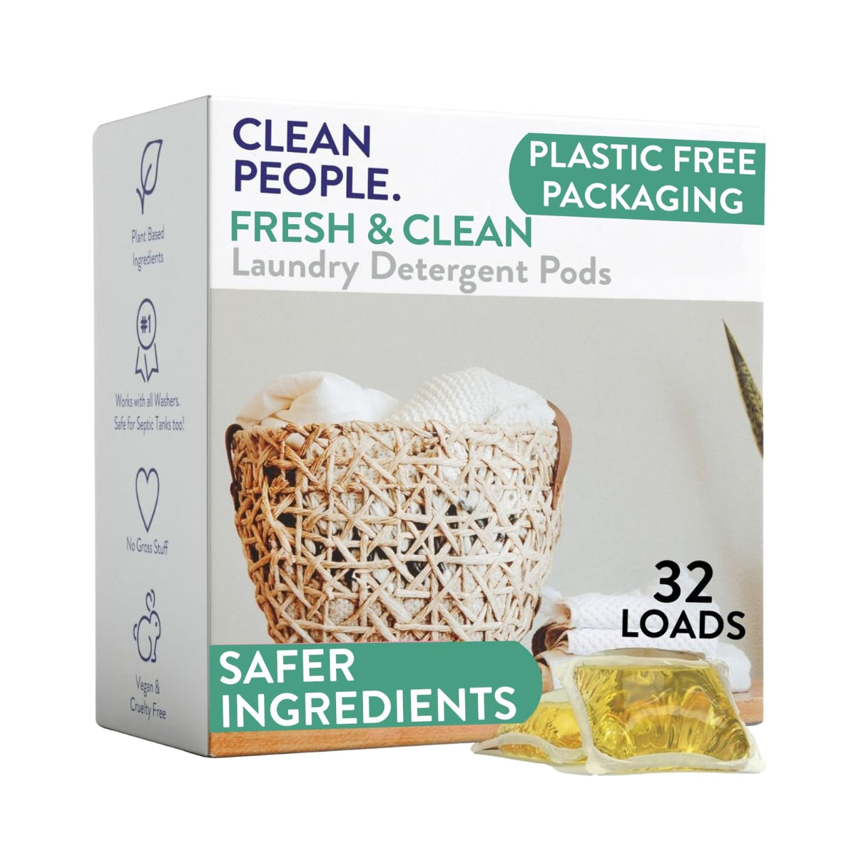 The Clean People Laundry Detergent Pods - Hypoallergenic Laundry Pods - Ultra Concentrated, Recyclable Packaging, Stain Fighting - Fresh Scent, 32 Pack