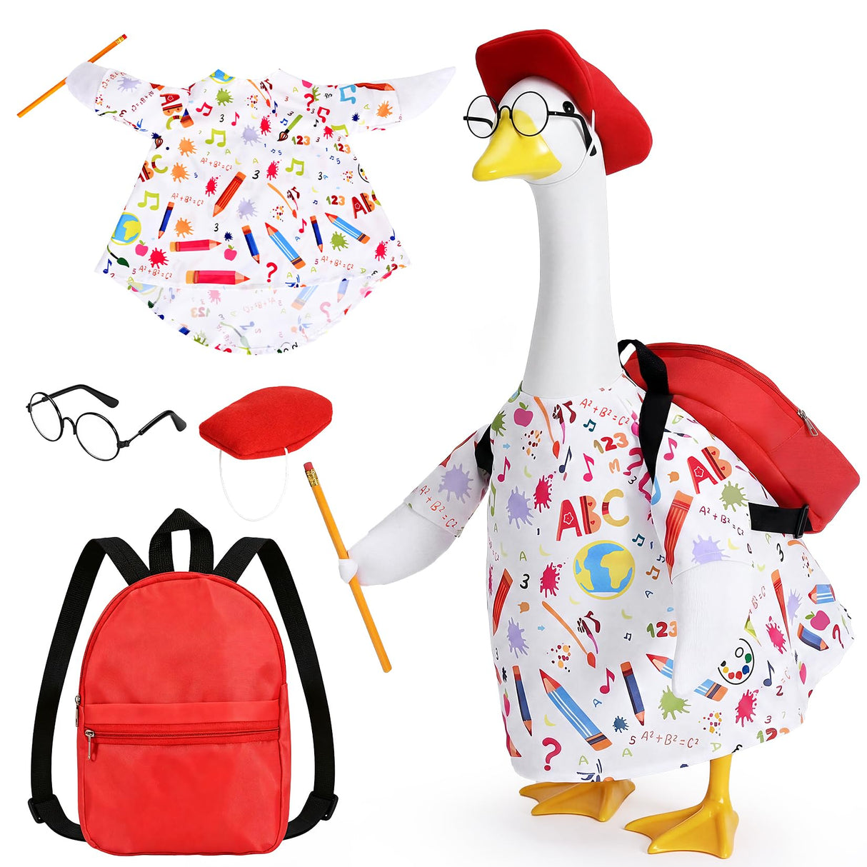 Hodola Back to School Porch Goose Outfits with Student Glasses & Backpack - Fits 23" Plastic Goose Statue - Goose Clothes for Class, Lawn, Yard, Garden Decor