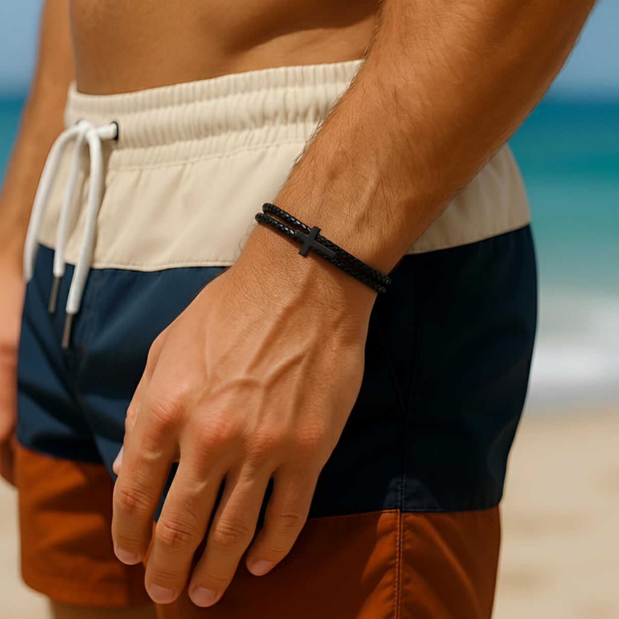 Rowdy Parrot FlexTech™ Adjustable Silicone Braided Rope Bracelet for Men - Waterproof, Sweatproof, One Size Fits All - Featuring Religious Christian Jesus Cross Design (Black Sand | Black Lagoon)