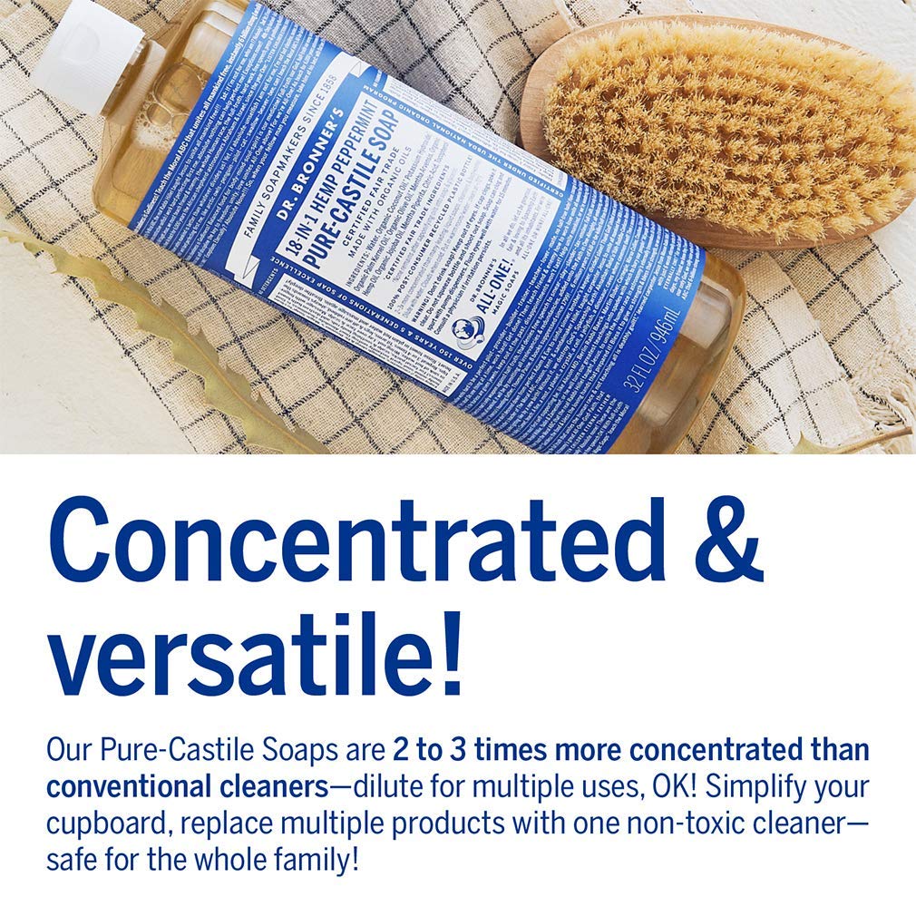 Dr. Bronner's - Pure-Castile Liquid Soap (Peppermint, 32 Ounce, 4-Pack) - Made with Organic Oils, 18-in-1 Uses: Face, Body, Hair, Laundry, Pets & Dishes, Concentrated, Vegan, Non-GMO