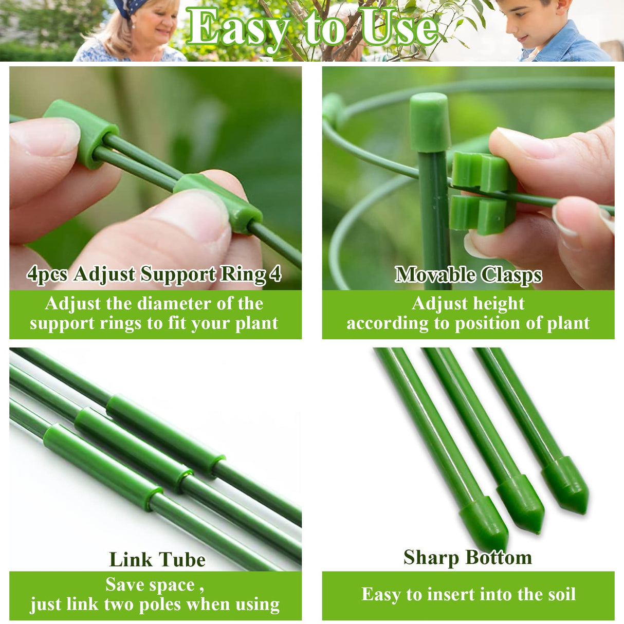 Legigo 6 Pack 30 Inch Plant Support Cages Tomato Cage for Garden- Plant Cages Adjustable Rings, Tomato Plant Support Stakes Trellis for Pots, Peppers, Cucumbers and Flowers with 10 Plant Clips