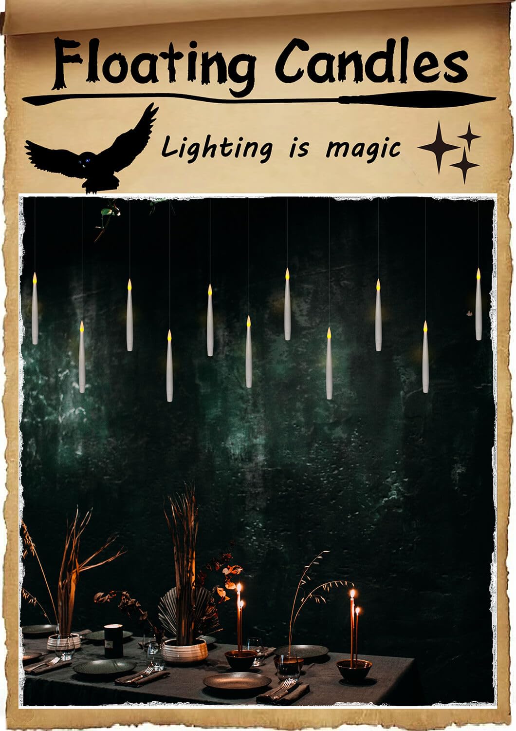 Leejec 20pcs Flameless Taper Floating Candles with Magic Wand Remote, Flickering Warm Light, Battery Operated 6.1" LED Electric Window Candle, Decor for Christmas, Wedding, Halloween, Birthday Party