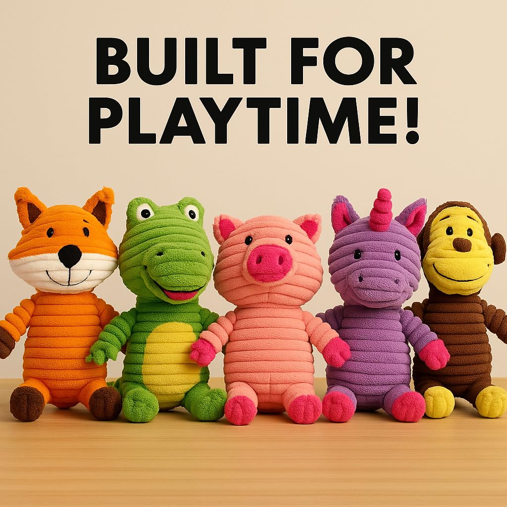 Jalousie Plush Toys Assortment Value Bundle Puppy Pet Mutt Squeak Toy for Medium Large Dogs (5 Pack Corduroy)